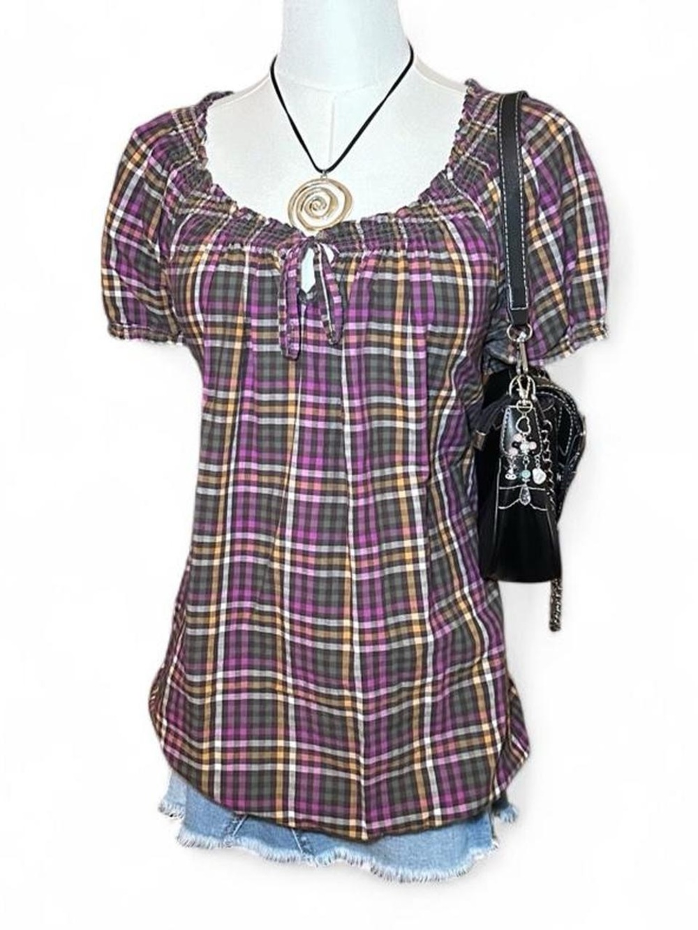 Plaid Peasant Blouse in Purple, Green, Yellow - Retro Preppy Olivia Rodrigo